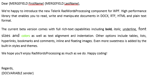 Telerik UI for ASP.NET AJAX WordsProcessing - Mail Merge